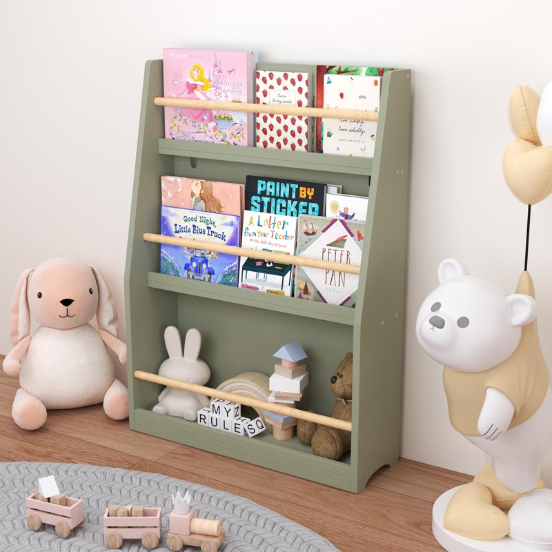 Kids 3-Tier Bookcase with Wood Rails - Children's Bookshelf