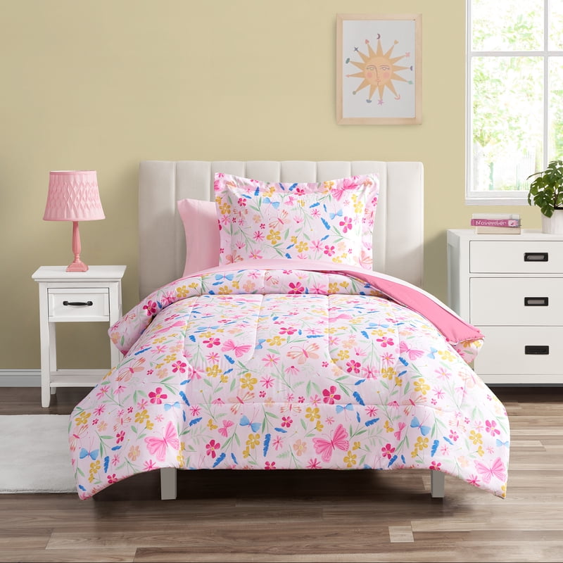 Twin Bed-in-a-Bag Set with Pink Wildflower Floral Pattern - Your Zone, 5 Pieces, Reversible