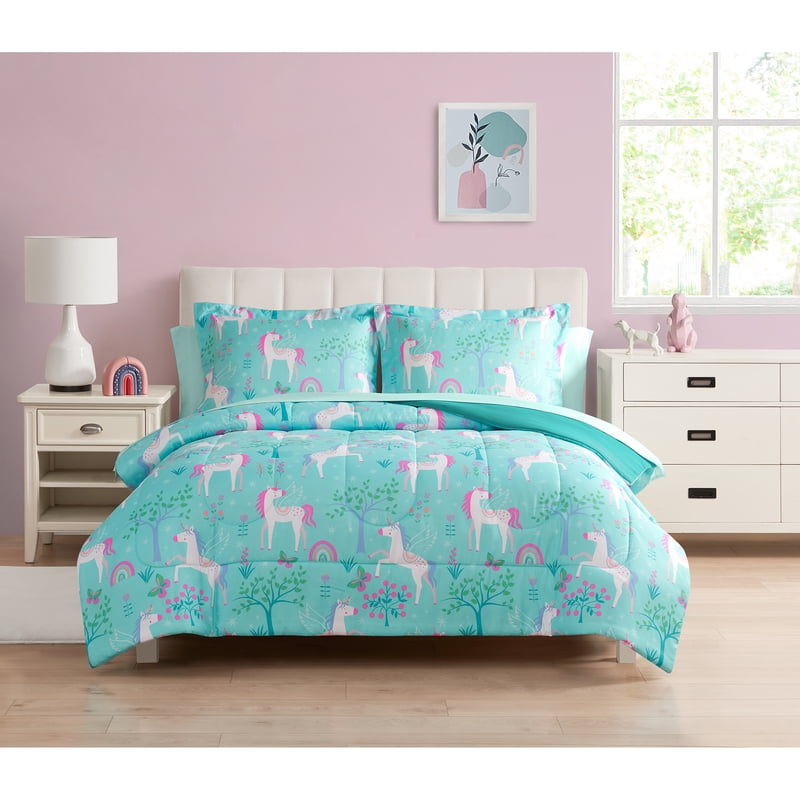 Full Kids Unicorn Bedding Set - Teal Polyester Comforter & Sheets