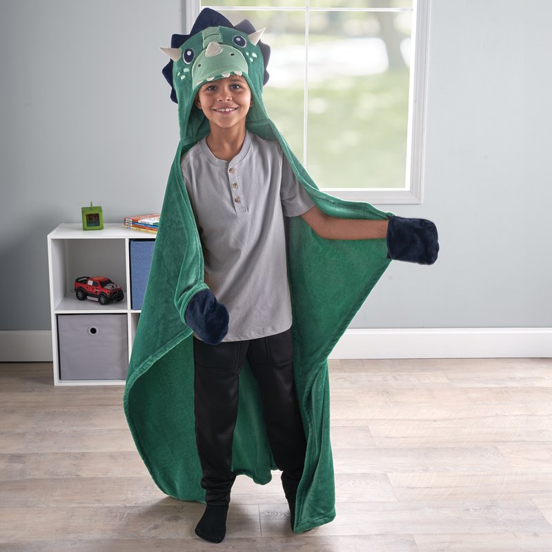 Kids Dinosaur Hooded Throw Blanket - Glow-in-the-Dark Teal Dinosaur Design, 40x50 Inches
