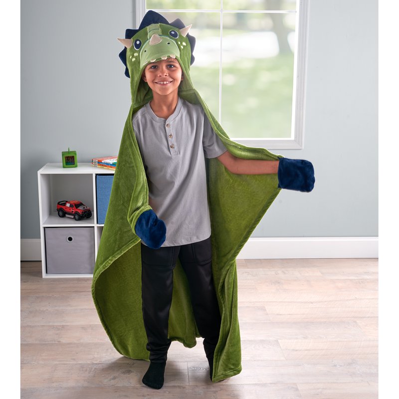 Kids Hooded Throw Blanket - Green Dinosaur, 40x50 Inches, Glow-in-the-Dark