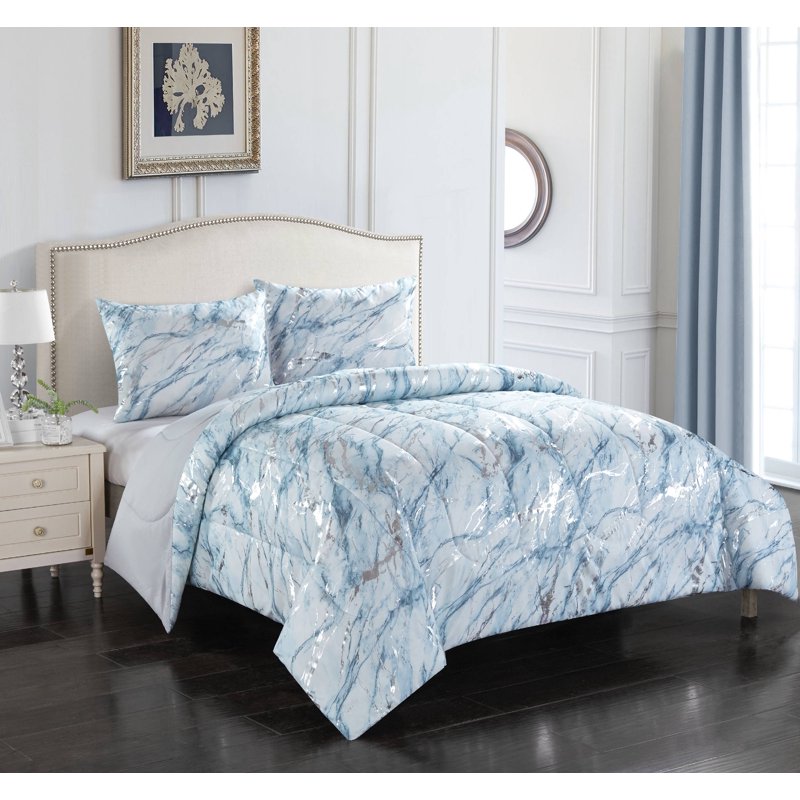 Full/Queen Metallic Marble Comforter Bedding Set - Silver & Gray Variation