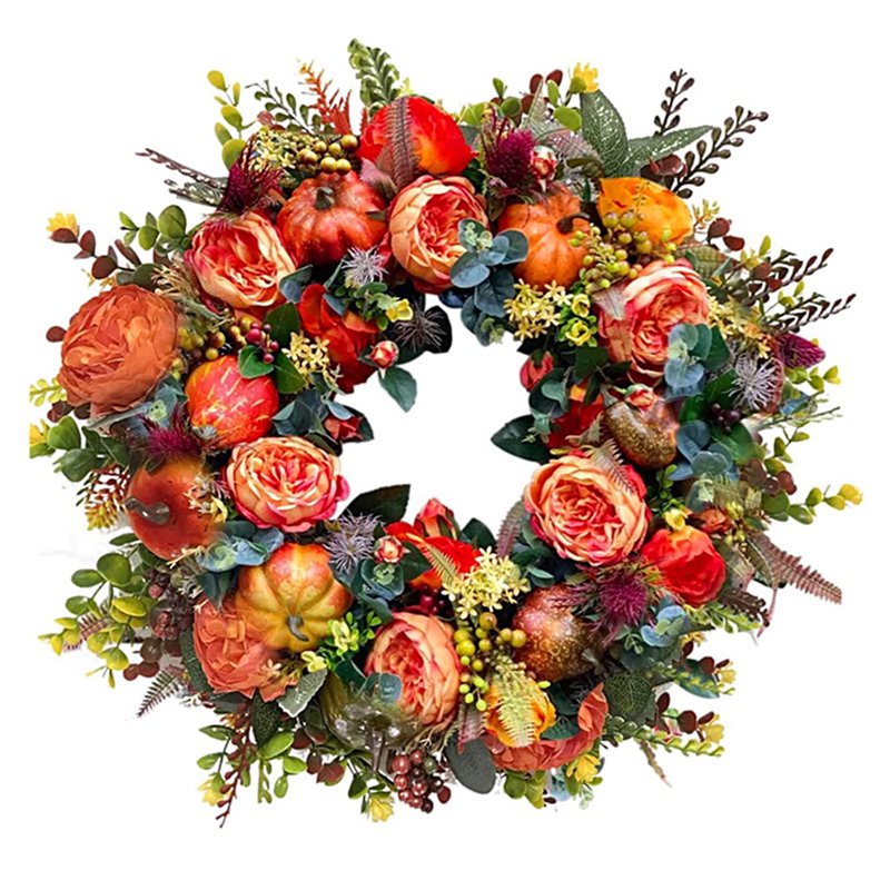 Autumn Pumpkin & Peony Wreath for Front Door - Fall Harvest Decor 15.74"