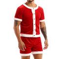 Men's Velvet Santa Costume Set - Short Sleeve Top & Elastic Waist Shorts, Red, Medium