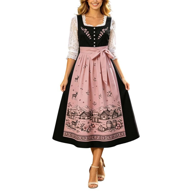 Women's Oktoberfest Dirndl Dress with Lace & Beer Mug Print - Multicolor XXL