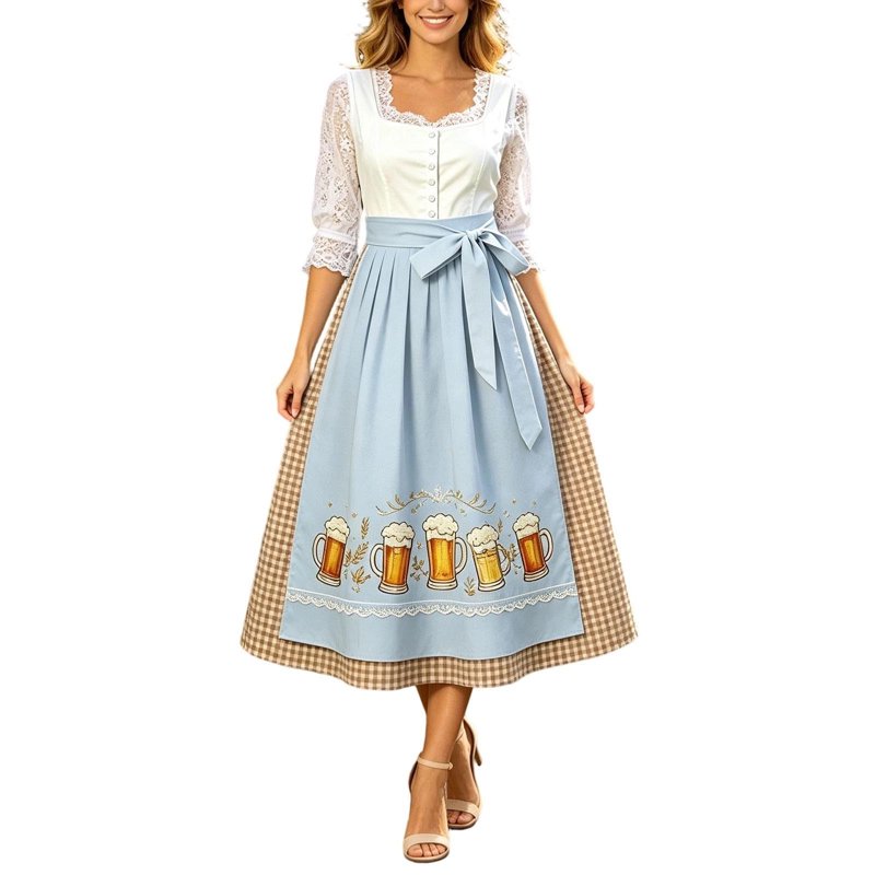 Women's Oktoberfest Dirndl Dress with Lace & Beer Mug Print - Multicolor XXL