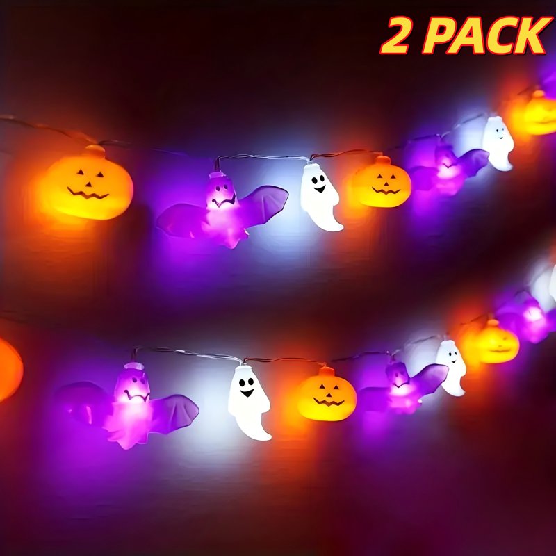 Halloween String Lights with Pumpkins & Bats - 10Ft 20 LED Battery-Operated 8 Modes, Timer, 2 Pack