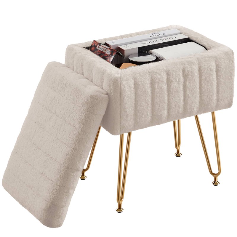 Ottoman Vanity Stool Chair with Storage - Modern Faux Fur Seat, Camel