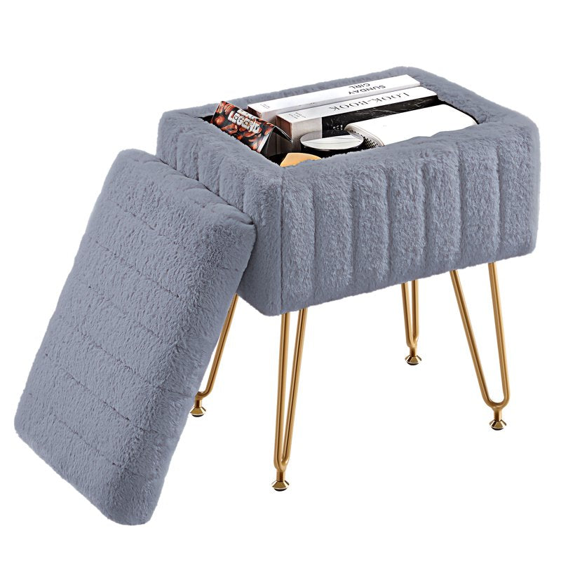 Ottoman Vanity Stool Chair with Storage - Modern Faux Fur Seat, Gray