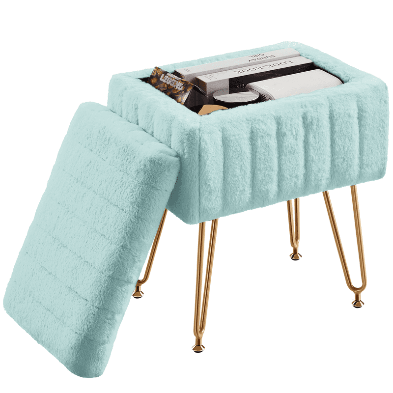Ottoman Vanity Stool Chair with Storage - Mint Green Faux Fur