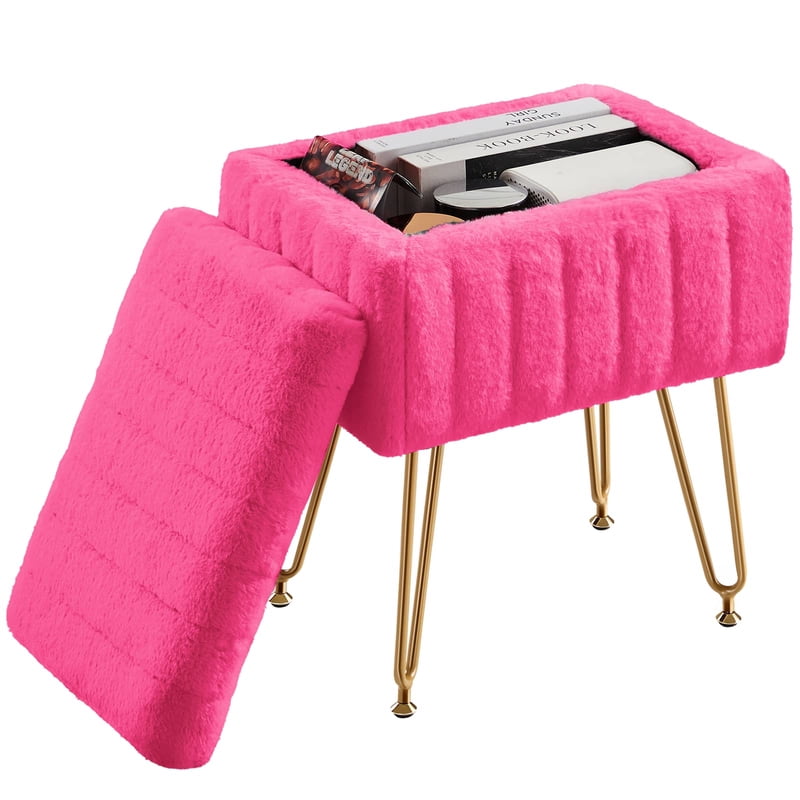 Ottoman Vanity Stool Chair with Storage - Rose Red Faux Fur