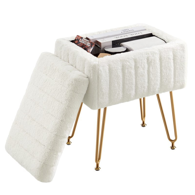 Ottoman Vanity Stool Chair with Storage - Modern Faux Fur Seat, White