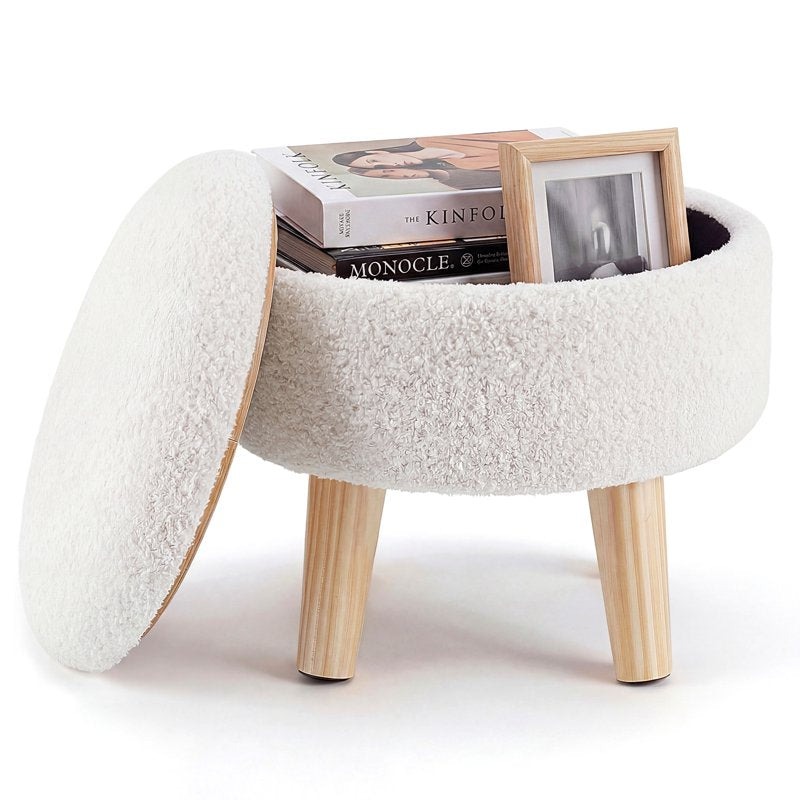 Modern Round Velvet Storage Ottoman - Soft Padded Footrest & Accent Table