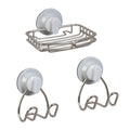 Rustproof Stainless Steel Soap Dish & 2 Storage Hooks Set - Adhesive or Suction Mount