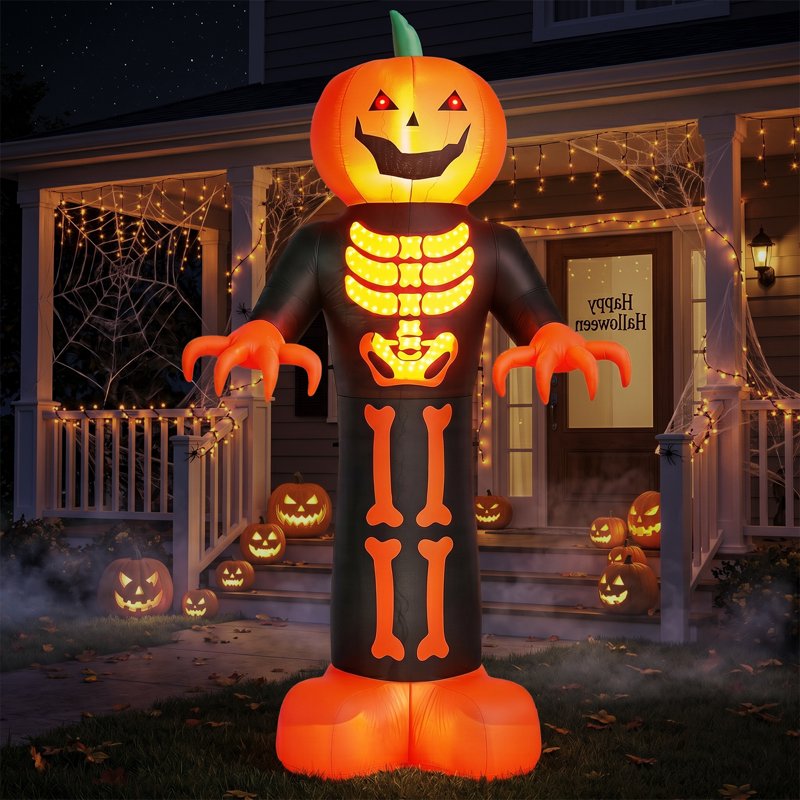 12 FT Halloween Inflatable Pumpkin with 3D Glowing Skeleton Chest and LEDs
