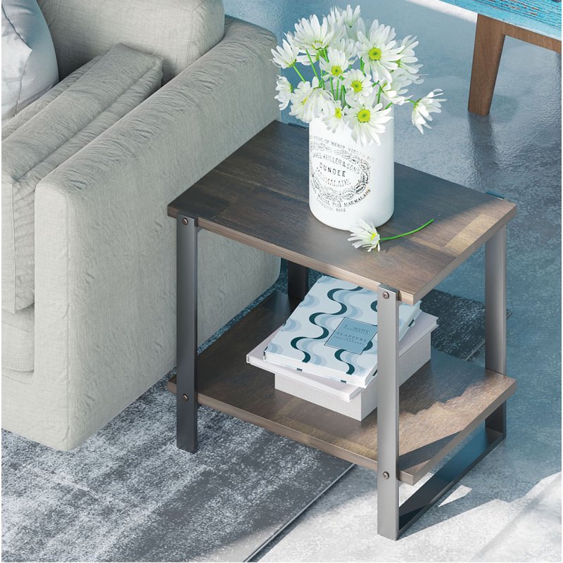 Modern Industrial End Table with Solid Acacia Wood Top