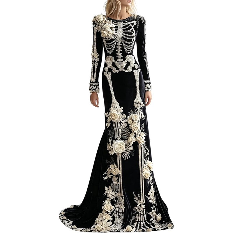 Women Gothic Skeleton Maxi Dress Black M Vintage Halloween Costume