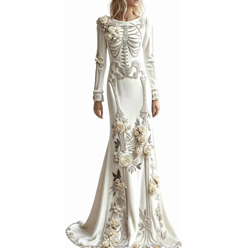 Women Gothic Skeleton Maxi Dress Costume - White, 4XL Halloween Gown