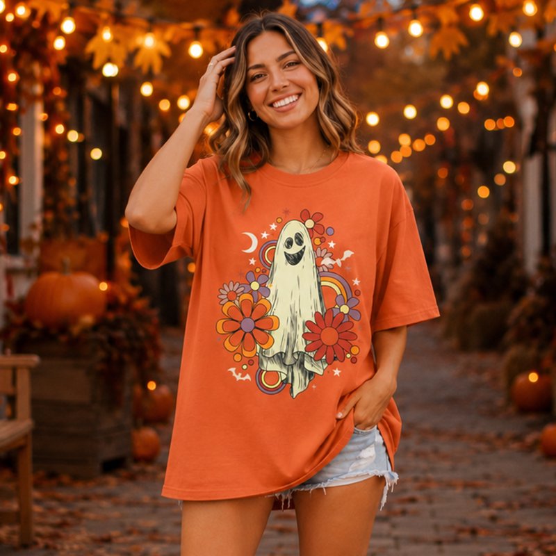 Orange Oversized Halloween Ghost Castle Graphic T-Shirt for Women XXL