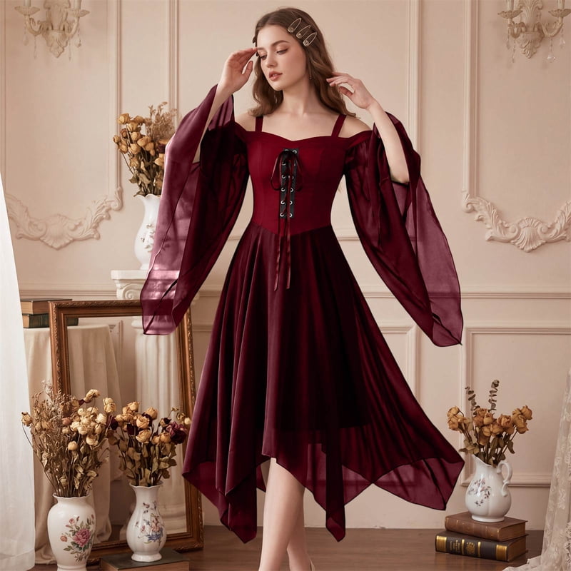 Women’s Witch Costume Dress with Bat Sleeve & Gothic Details - Wine, Size S