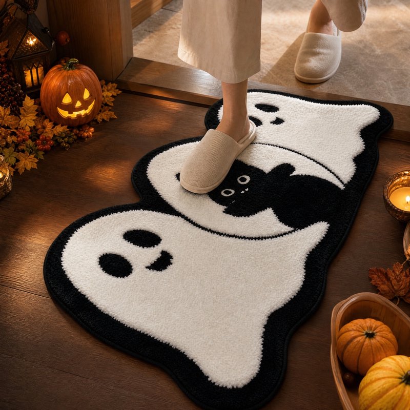 Halloween Door Mat 31.5x19.7in Ghost & Black Cat Crystal Velvet Welcome Indoor Rug - Variation of THIS listing
