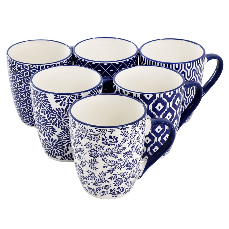 12 Ounce Stoneware Mug Set - Assorted Blue & White Designs - 6 Pieces