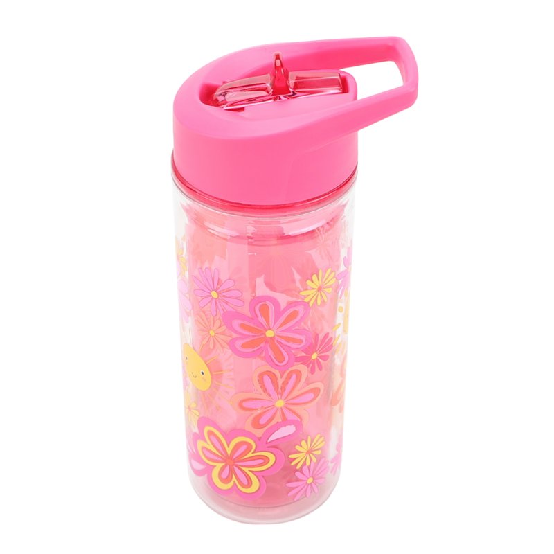 14 oz Insulated Plastic Water Bottle with Lid & Straw - 2 Pack, Pink Flower