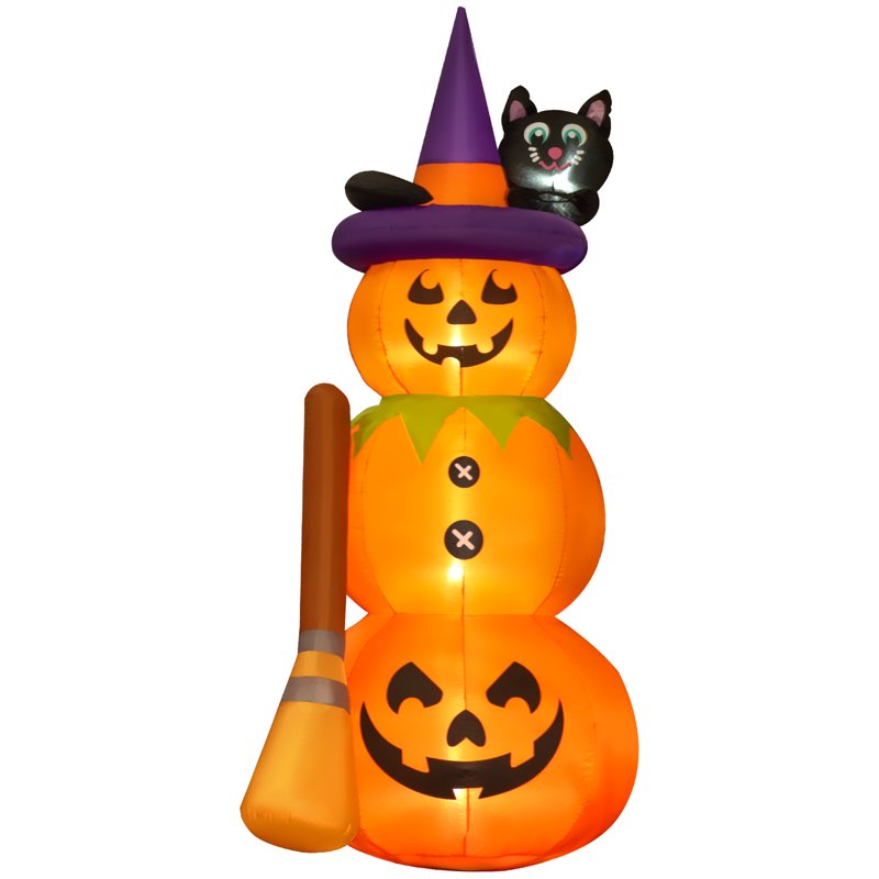 Inflatable Halloween Pumpkin Man with Black Cat and Broom - Orange Variation