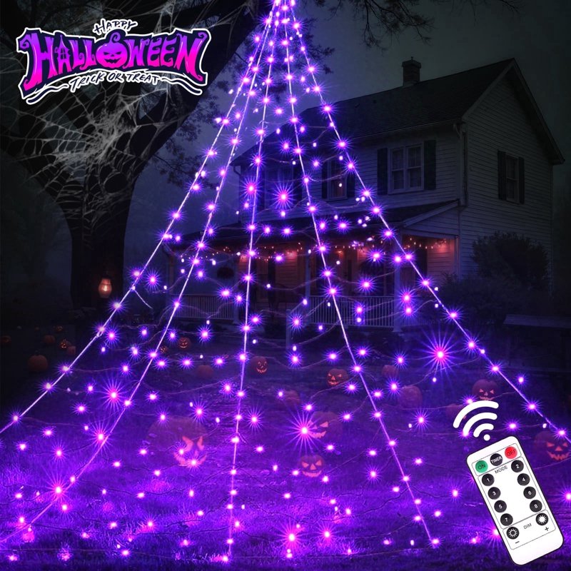 Purple LED Halloween Spider Web Lights Outdoor 16.4ft x 15.75ft with Remote & Hooks