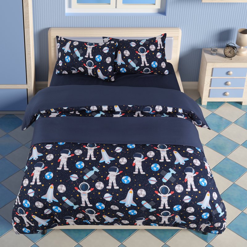 Kids Duvet Cover Bedding Set Queen Size - Astronaut Rocket Pattern, Breathable Microfiber