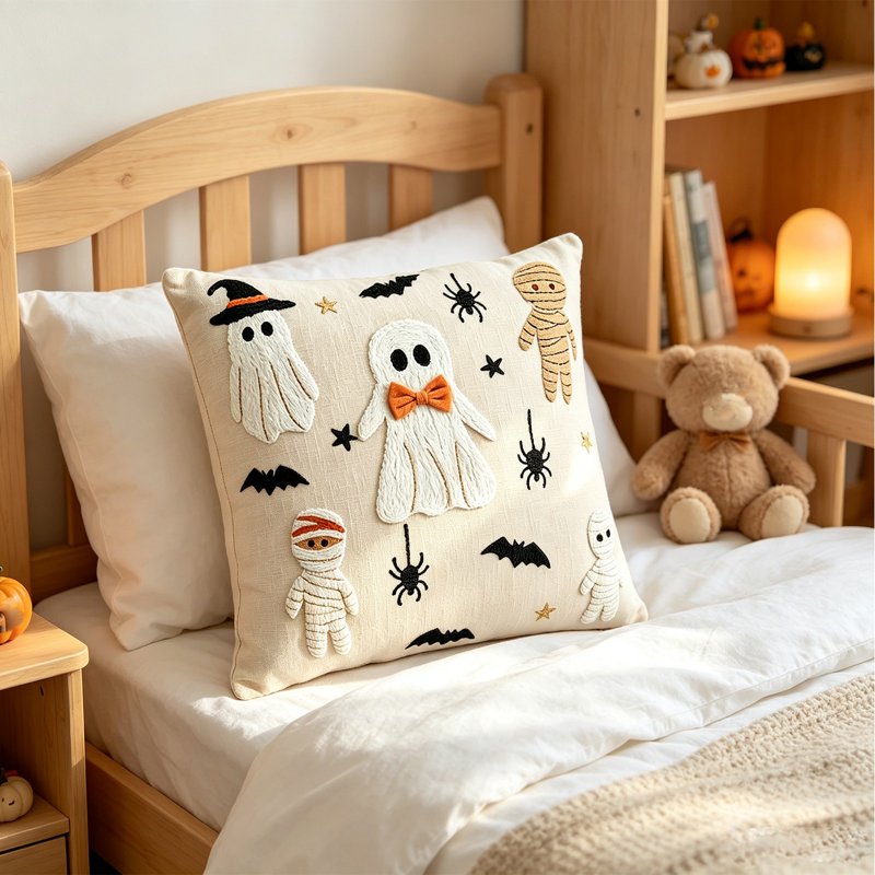 Halloween Ghost White Throw Pillow Cover 18x18 Inch Plush Faux Fur - Halloween Decor H-A