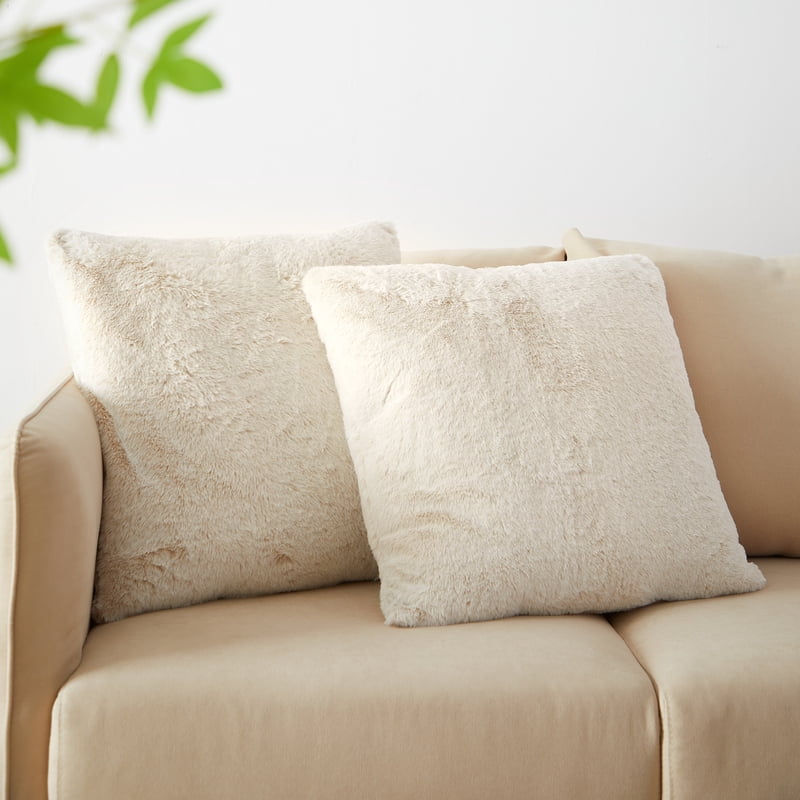 Set of 2 Faux Tip Dyed Fur Decorative Pillows - 20x20 Inches Beige - Reversible, Indoor Use, 4 Pack