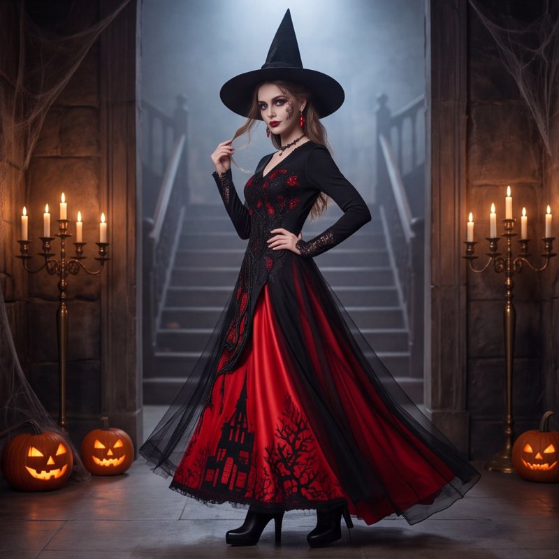Women's Gothic Halloween Dress - Red S Tree Thorn Pattern Maxi Costume