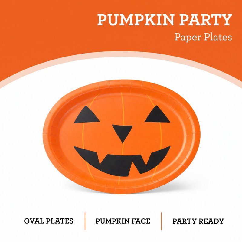 Halloween Jack-o'-Lantern Oval Disposable Paper Plates - Multicolor 12x10 Inch, 8 Pack