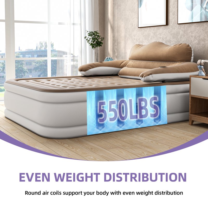 Queen Size Inflatable Air Mattress with Headboard & Built-In Electric Pump - Brown, Variation of Queen Brown-Style2