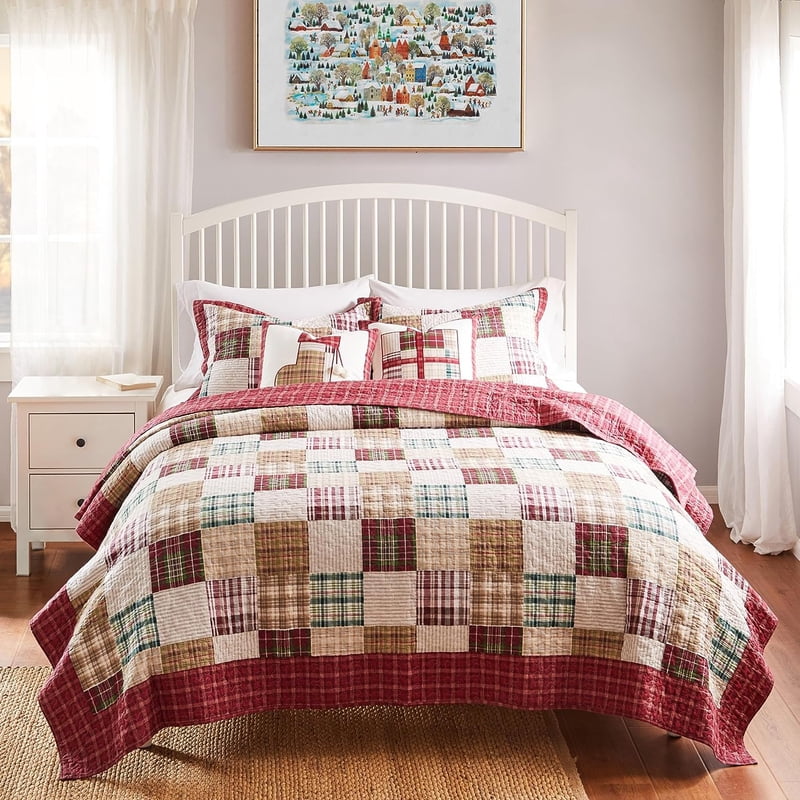 Full/Queen Reversible Cotton Quilt Set with Pillow Shams - Red, 3-Piece