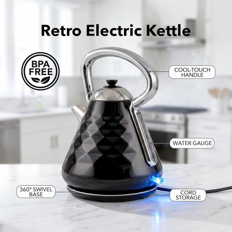 Stainless Steel Electric Tea Kettle 1.7L - Black, 1500W Fast Heating