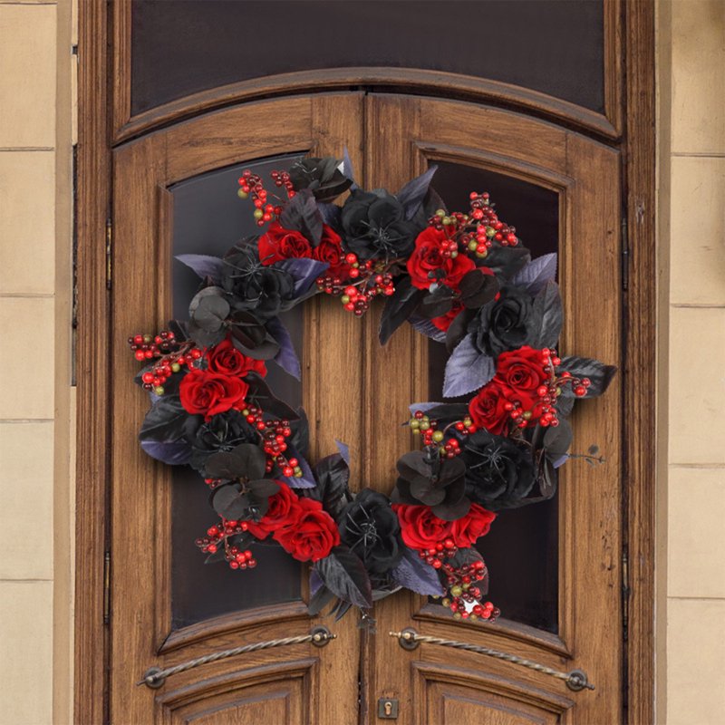 Halloween Front Door Wreath with Roses - 15 Inch Gothic Fall Decor