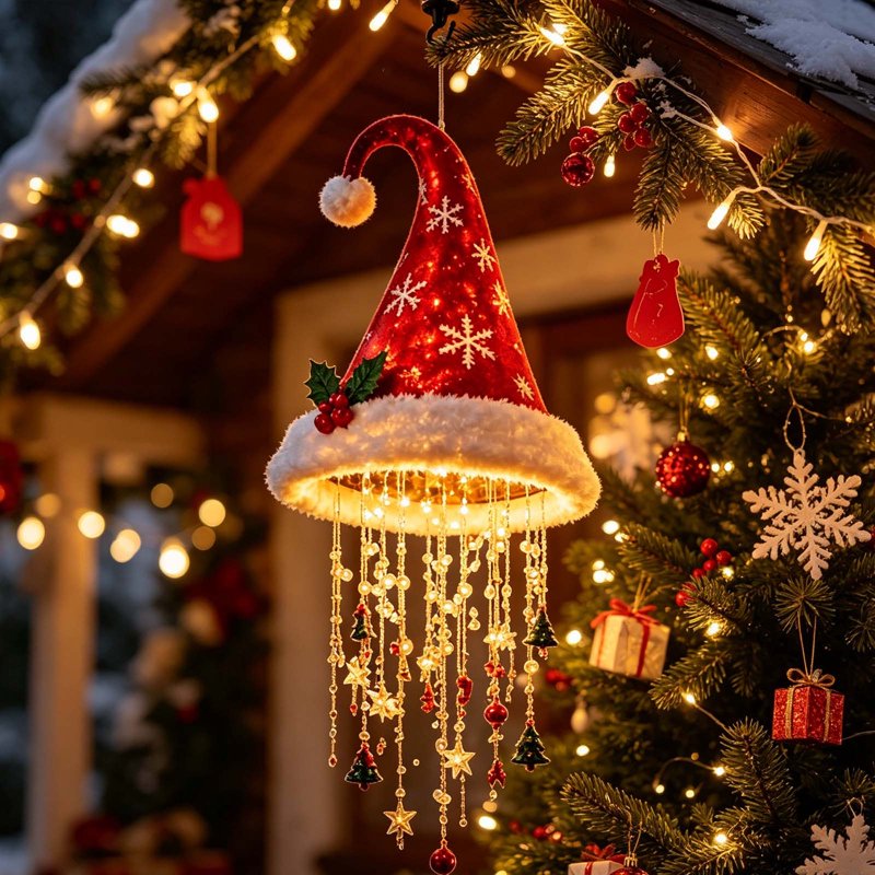 Hanging Lighted Christmas Santa Hat Decoration with Snowflake - LED Holiday Ceiling & Window Decor - Variation #23 Snowflake