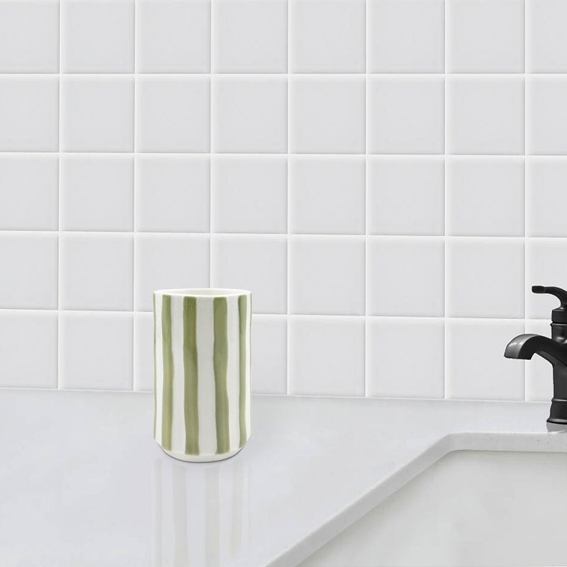 Mainstays Hand Painted Green & White Stripe Toothbrush Holder - Bathroom Accessory