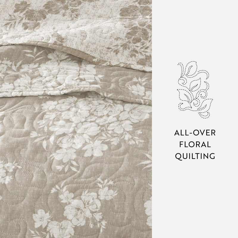 Queen Taupe Distressed Bouquet Reversible Quilt Set - Soft & Durable Bedding