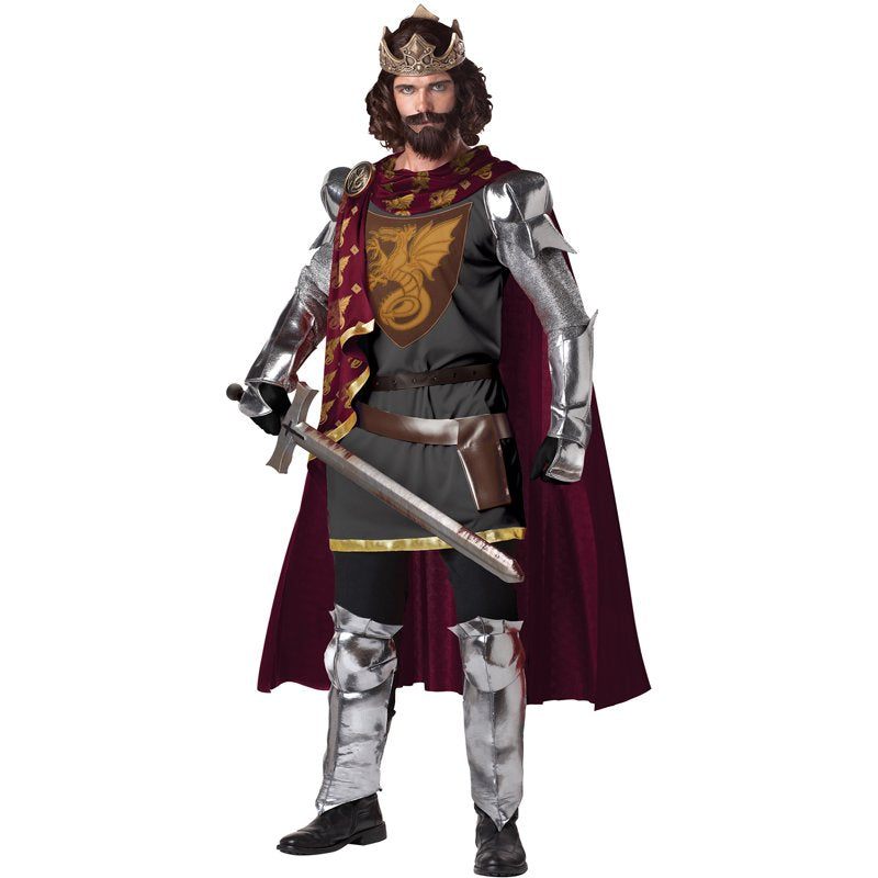 Men's King Arthur Costume L with Cape, Crown & Accessories - Gray Tunic