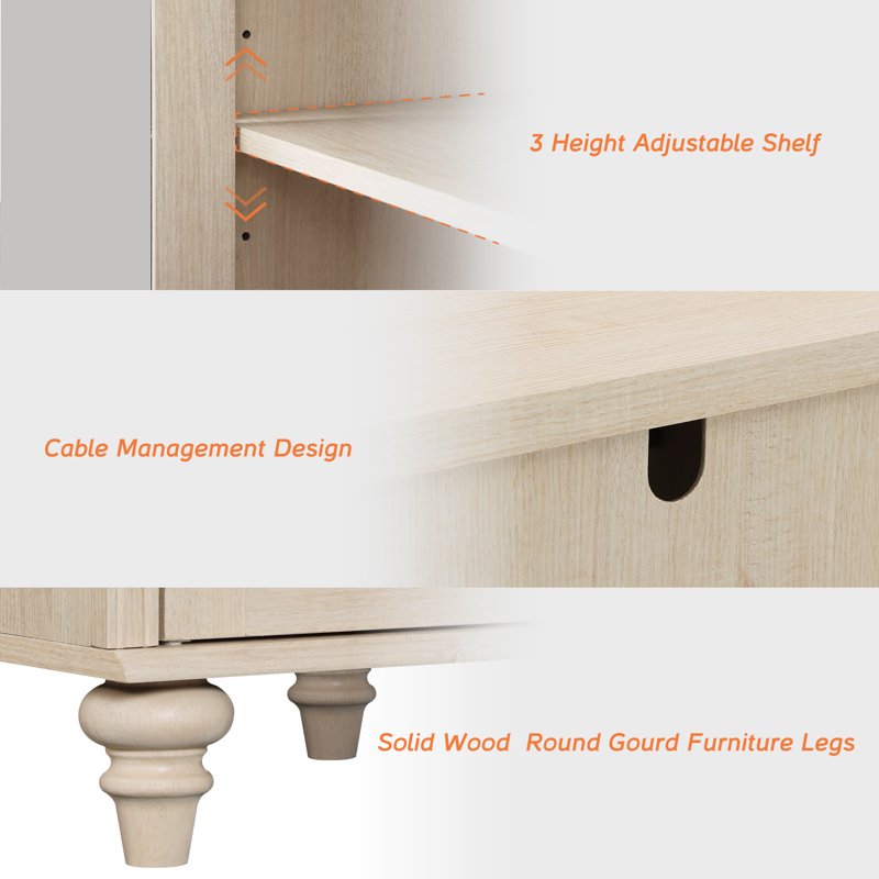 Beige Buffet Cabinet with Glass Door and Adjustable Shelf - 34 Inch