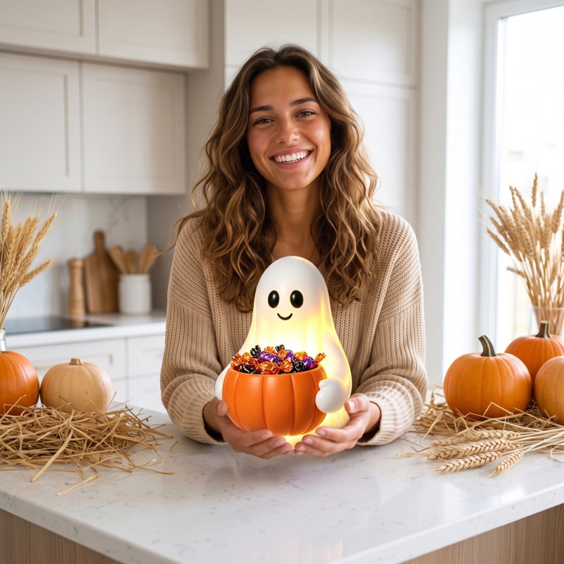 Halloween Ghost Pumpkin Candy Bowl Light Up Spooky Decor - Variation #019