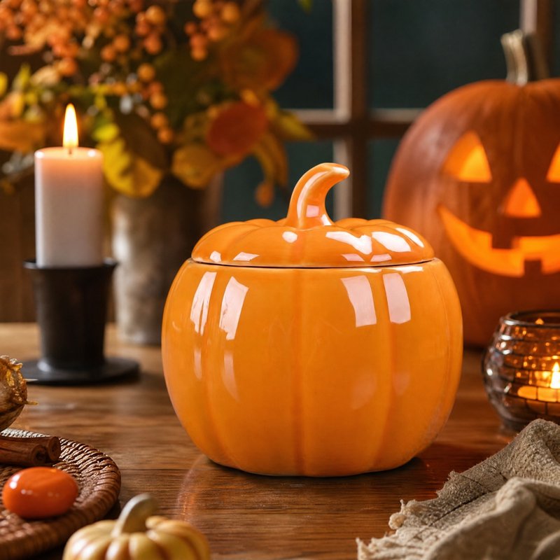 Halloween Pumpkin Candy Jar - Ceramic Storage Container with Lid - Variation #027