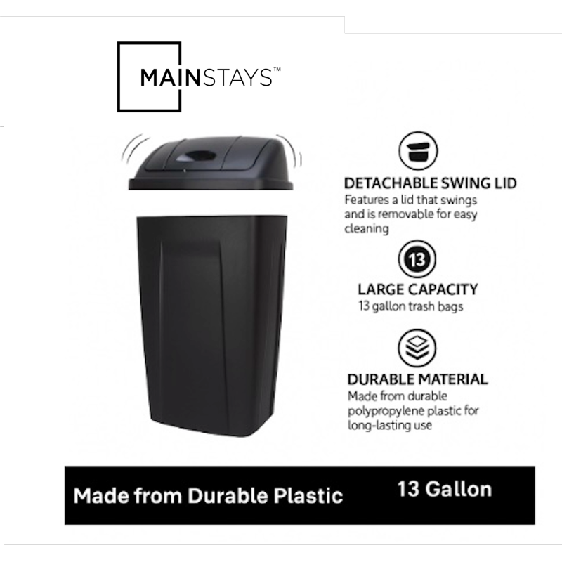 13 Gallon Kitchen Trash Can with Swing Top Lid - Black