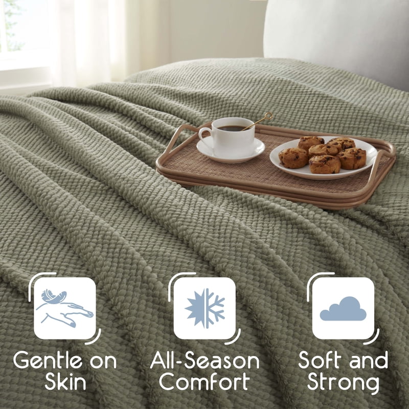 Queen Plush Texture Blanket - Ultra Soft All-Season Throw - Sage - Full/Queen