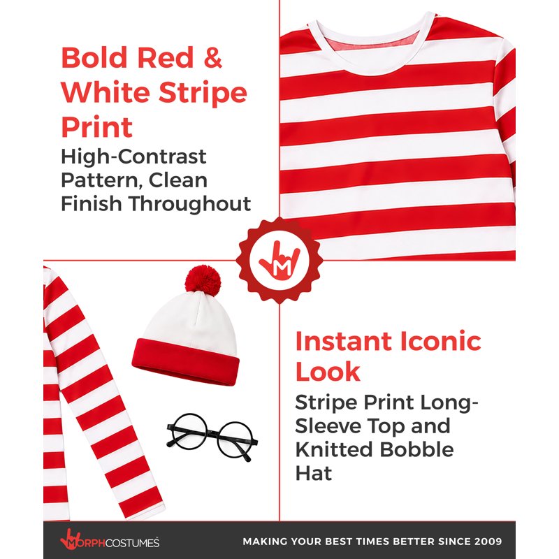 Men's Wheres Wanderer Costume Set XXL Red White Stripe Book Character Halloween
