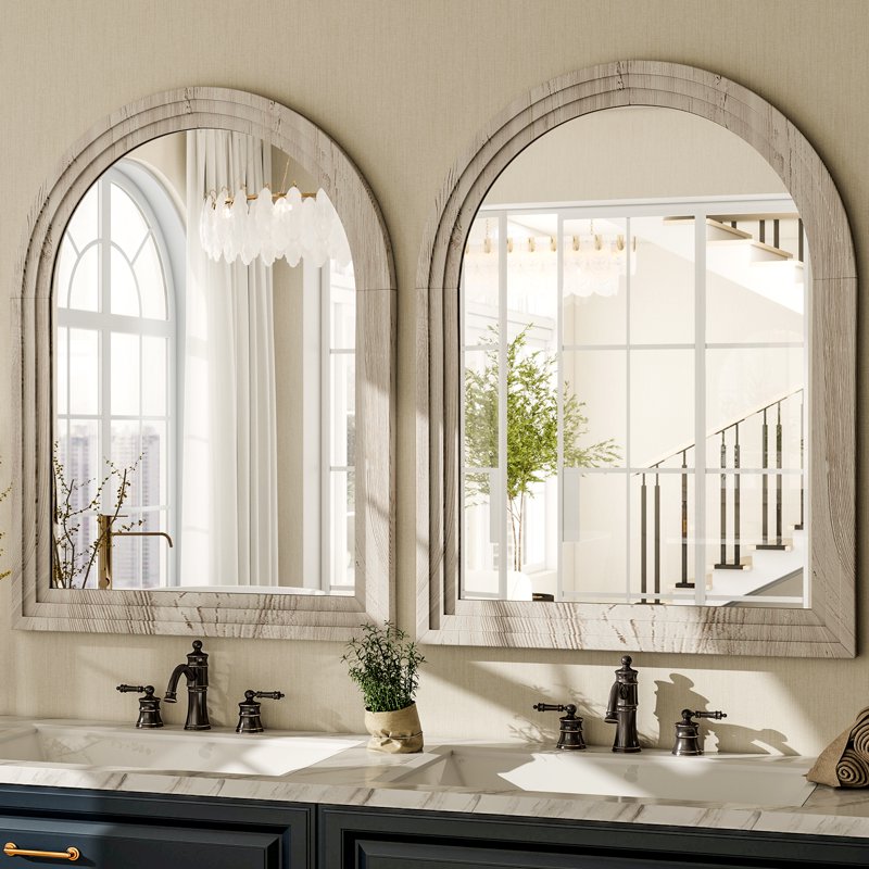 30x40 Arched Wooden Wall Mirror - White Framed Bathroom & Living Room Decor