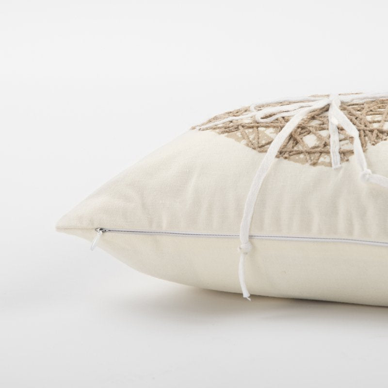 Cotton Pillow Cover with Embroidered Heart and Jute Overlay - Ivory, 11x21 inches - Cover Only